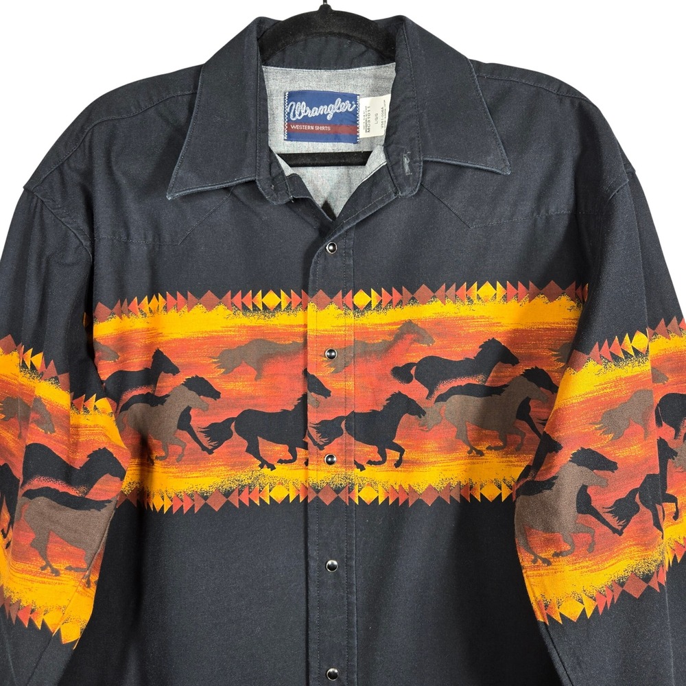Vintage 90s Wrangler Western Shirt Men Large Black Wild Horse Graphic Pearl Snap - Picture 2 of 11
